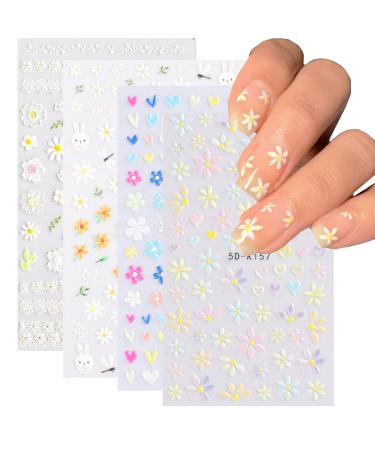 Flower Nail Art Stickers 5D Embossed Nail Decals Spring Daisy Nail Art Supplies Self-Adhesive Nail Accessories White Yellow Colorful Flower Nail Stickers for Women Nail Decorations Design Nail Stickers 01