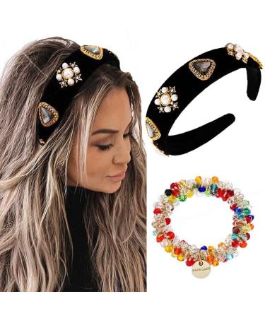 Coridy Black Baroque Headband Pearl Rhinestones Hairband with Beaded Hair Ties Handmade Velvet Hair Hoop Wide Head Band for Women (Elegant) - Buy Online on GoSupps.com