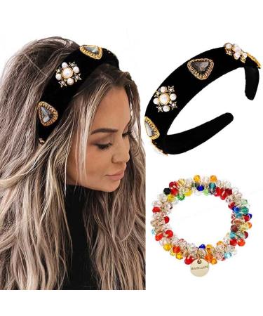 Coridy Black Baroque Headband Pearl Rhinestones Hairband with Beaded Hair Ties Handmade Velvet Hair Hoop Wide Head Band for Women (Elegant)