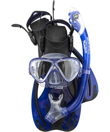 Cressi Junior Snorkeling Kit for Young Aged 3 to 10 - Mask + Dry Snorkel + Adjustable Fins + Net Bag - Lightweight Colorful Equipment - Rocks Pro Dry Set L/XL | US Youth 1/6 | EU 32/38 Black/Cobalt