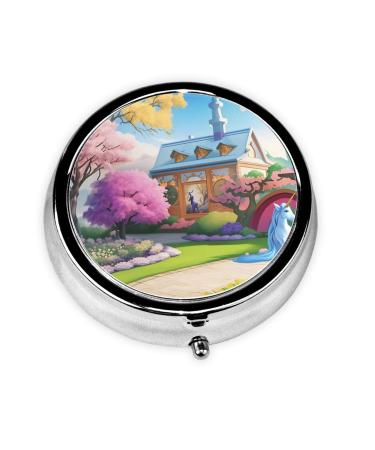 Unicorn Fairy Taleround Pill Box 3 Compartment Round Pill Box Organizer &Portable Travel Pill Box for Traveling.