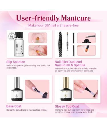 Modelones Poly Nail Gel Kit (15ML) Starter with U V Light 6W LED Nail Dryer Lamp 2 Colors Clear & Pink Gel Nail Extension Tips Kit with Top and Base Coat Natural Skin Tone Essential Manicure Tool - Buy Online on GoSupps.com