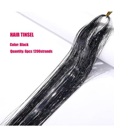 Black Hair Tinsel Kit - 6pcs, 1200 Strands, Heat Resistant Fairy Hair Extensions for Women, Girls, Kids - 47Inch Black - Buy Online on GoSupps.com