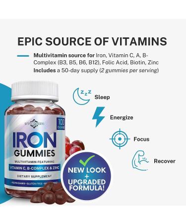 Iron Gummies with Vitamin C, B Complex, Biotin & Zinc - 100 Chewable Gummies for Adults - Buy Online on GoSupps.com