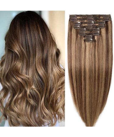 Clip in Extensions real hair thick double dormer 8pcs 18 clips hair extension real hair extensions clip in (40cm-1330g #4/27 medium brown/dark blonde)