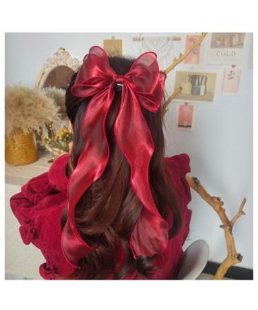 Inilbran Vintage Silk Bow Hair Clips Long Red Silk Bow Hair Barrettes Chiffon Hair Clip Barrette Long Bow Hair Clips Headpiece Silky Bow Hair Accessories for Women and Girls Headdress