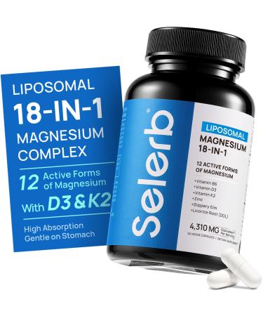 18 in 1 Magnesium Complex for Women and Men | Liposomal Magnesium Supplement with Glycinate Citrate Malate Taurate D3 & K2 | High Absorption for Muscle Sleep Bone Nerve Support | 90 Capsules
