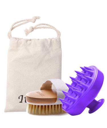 Shampoo brush set 2 hairbrushes made of silicone scalp massager and dry skin body brush peeling improves blood circulation for everyday use or as a gift purple