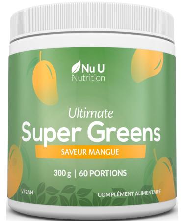 Nu U Nutrition Super Greens | Mango | Green Juice Powder 300g - 17 Active Superfood Ingredients - 60 Servings - With Inulina Spirulina Chlorella Maca Root & More - 100% Vegan Nu U Nutrition