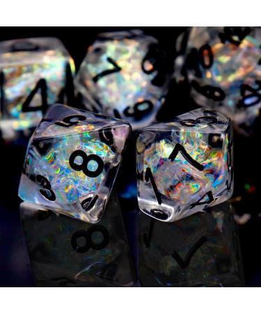 PJOY Clear Rainbow DND Dice Set 7PCS D&D Dice Iridescent Mylar Filled Resin Polyhedral RPG Game Dungeons and Dragons Gifts Clear Mylar
