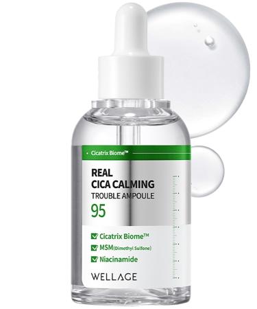WELLAGE Real Cica Calming Trouble Ampoule - Korean Soothing Serum 95% Madecassoside Rapid Soothing Redness Relief Sebum Control Improves Freckles and Blemishes for Acne-Prone Skin 1.69 fl.oz