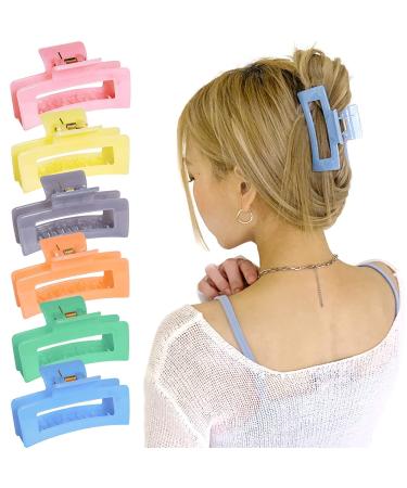 6-Piece Women's Hair Claw Clips - Rectangle Shape  Fashionable & Colorful Styling Jaw Clips - Ideal for Thick Hair (Large Size) - 6 Color Options