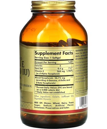 Solgar Vitamin E 268mg (400 IU) 250 Softgels - Naturally Sourced | Premium Quality - Buy Online on GoSupps.com