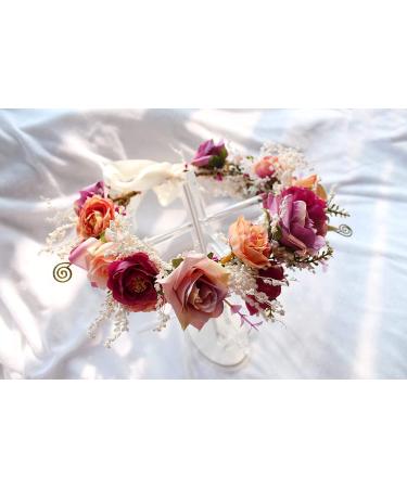 Dazzling Women Flower Crown Headband for Wedding & Festivals - Purple Pink Ivory - Buy Online on GoSupps.com