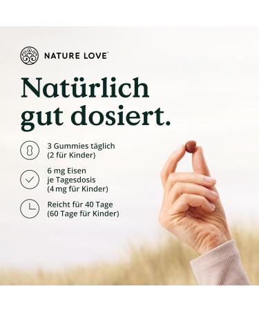 Nature Love Iron Rubber - 120 Vegan Gummies | 96.5% Fruit No Sugar Additives | Daily Dose: 6mg Adults 4mg Kids | Laboratory Tested Alternative to Iron Tablets - Buy Online on GoSupps.com