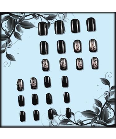Black Curve Line Press on Nails - Glossy Black Medium Square False Nails with Dark Vine Design & Rhinestones | 24Pcs Gel Glue On Acrylic Manicure Art for Women & Girls - Buy Online on GoSupps.com