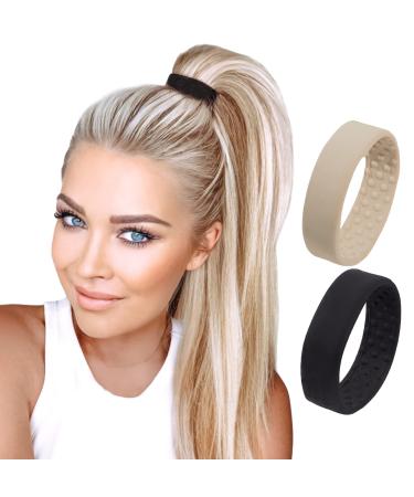 PONY-O 2 Pack Black and Dark Blonde Original Patented Hair Accessory, Ponytail Holder, Hair Tie Alternative Medium (Pack of 2) Black and Dark Blonde