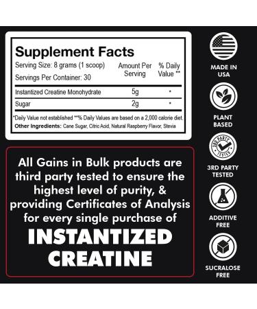 Gains in Bulk Instantized Creatine Monohydrate Powder Pre Workout Supplement for Muscle Endurance & Energy Sour Raspberry 30 Servings 100% Soluble No Bloating - Buy Online on GoSupps.com