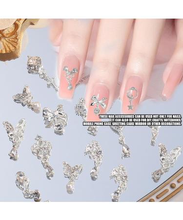Dangle Nail Charms 24PCS Luxury Heart Flower Moon Butterfly Pearl Bow Gems | 3D Silver Alloy Rhinestones for Nail Art Decoration - Silver - Buy Online on GoSupps.com