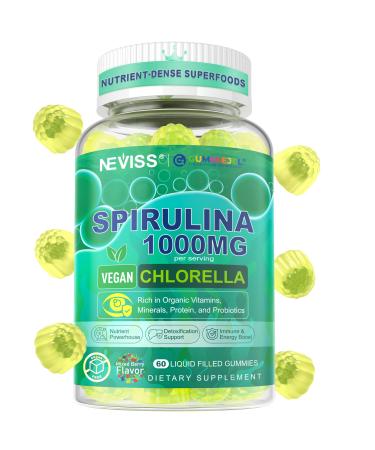 Organic Spirulina & Chlorella Gummies - Probiotic & Super Greens Supplement Superfood Rich in Antioxidants Chlorophyll Protein Essential Amino Acids for Cellular Energy Immunity & Eye 60 Cts
