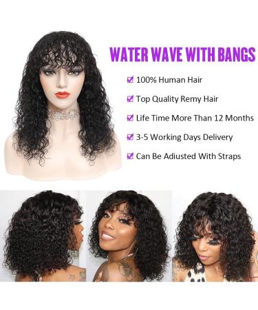 CYNOSURE 16 Inch Water Wave Wig with Bangs | 150% Density Glueless Human Hair for Black Women | Natural Black Non-Lace Front Wig | Pack of 1 - Buy Online on GoSupps.com