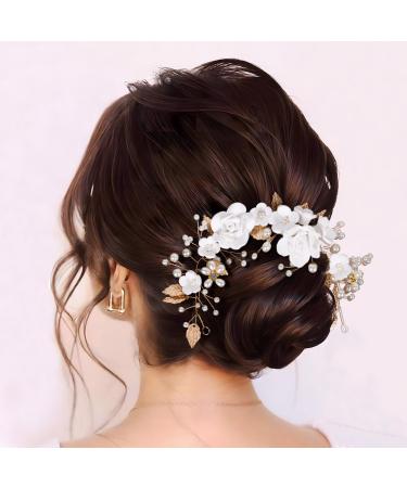 Flower Headband Bridal Headband for Women Boho Headpiece Hair Vine Girls Hair Accessories Bridal Bridesmaid Wedding Headpiece Pearl Flower Leaf Headpieces Hair Floral for Wedding Prom Party(Gold)