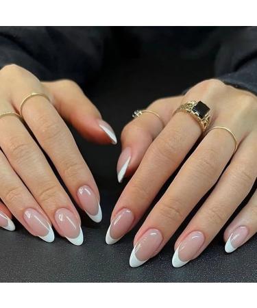 French Tip Press on Nails Medium Length Fake Nails Almond Shape False Nails Full Cover Acrylic Fake Nails White Nail Tips Glossy Stick on Nails French Press on Nails with Design Cute Nails for Women