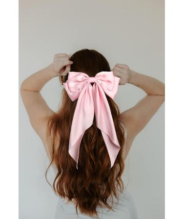 Satin Hair Barrettes Clip for Women Large Bow Hair Slides Metal Clips French Barrette Bowknot with Long Tail Silk Hair Bow Hairpin 90's Hair Accessories (White Pink) - Buy Online on GoSupps.com