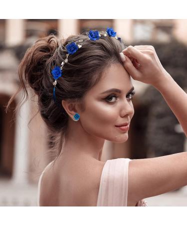 OIIKI Crystal Navy Blue Flower Crown Bridal Headband with Earring - Wedding Hairpiece for Women and Girls - Buy Online on GoSupps.com