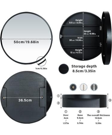 SDK Round Bathroom Mirror Cabinet - Black 50CM: Wall Storage & Medicine Cabinet with Slow-Close Wooden Frame - 3 Level Organization - Buy Online on GoSupps.com