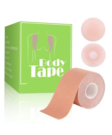 Boob Tape, Boobytape for Breast Lift with 2 Reusable Silicone Covers, Bob Tape for Large Breasts A-E Cup Size, Kinesiology Tape Waterproof Body Tape for Breast Push Up for Strapless Dress Beige