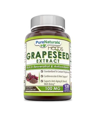 Pure Naturals Grapeseed Extract - 100mg Grape Seed Veggie Capsules Rich in Resveratrol - Easier to Swallow 120 Capsules- Standardized to Contain Polyphenols*- Supports Immune Health* Anti-Aging*