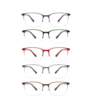 5 Pack One-Piece Half Frame Reading Glasses Women Men Flexible Blue Light Computer Lightweight comfort Readers Black Grey Red Brown Purple 2.0 Diopters