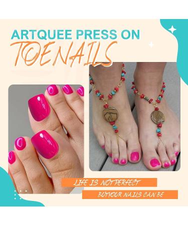 Artquee Hot Pink Fake Toenails - 28Pcs Glossy Press On Toe Nails Kit for Women | Short Square Shaped Artificial Toenail Tips - Buy Online on GoSupps.com