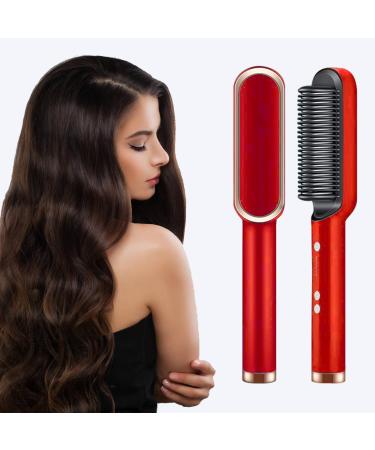 Hair Straightener Brush with 5 Temp Negative Ion Styling Comb 2 in 1 Hair Straightener Brush and Curler Portable Electric Straightening Comb Heated Hair Brush 31s Fast Heating Anti-Scald(Red)