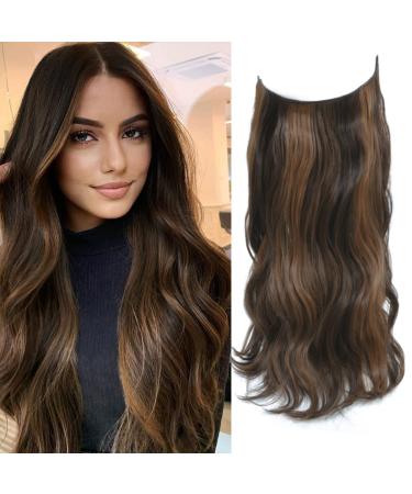 Invisible Hair Extensions 20 inch Wavy Hair Extension Synthetic Hair Pieces for Women Transparent Invisible Secret Wire Hair Extensions (Dark Brown with Auburn Brown Highlights) 20 inch Dark Brown with Auburn Brown Highlights