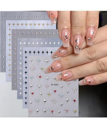 Star Nail Stickers for Nail Art 3D Glitter Starlight Self-Adhesive Nail Design Decals 6Pcs Laser Gold Silver Black White Stars Nail Art Stickers with Rhinestones Star Stickers for Manicure Supplies star-2
