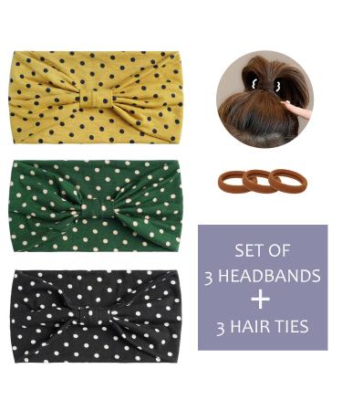 Eyanse Wide Boho Headbands for Women - Vintage Retro Polka Dots - Pack of 3 Head Wraps in Black, Green, Yellow - Buy Online on GoSupps.com