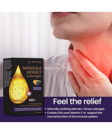 Melora High Strength Manuka Honey Lozenges - 525+ MGO - UMF 15 with Propolis | Naturally Soothing for Sore Throat Relief and Immunity | Lemon & Peppermint Flavour | Pack of 12 Lozenges (48g) - Buy Online on GoSupps.com
