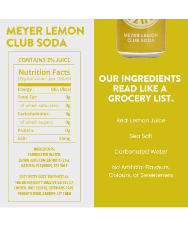 Betty Buzz Sparkling Meyer Lemon Club Premium Soda by Blake Lively | 12 x 330ml Cans | Natural Flavors & Sweeteners | Clean Ingredients - Buy Online on GoSupps.com