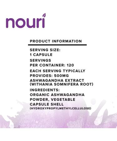 Nouri Organic Ashwagandha Capsules 500mg - 120 Vegan Capsules, Vegetarian Friendly - Buy Online on GoSupps.com