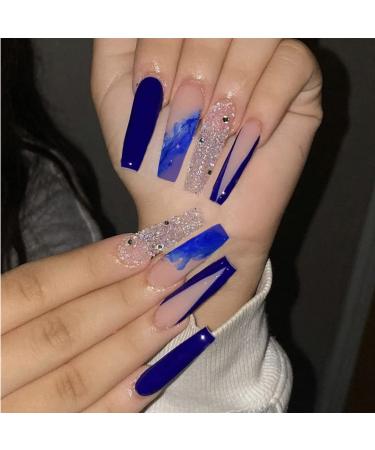 YOSOMK Ballerina Extra Long Press on Nails with Designs Blue False Fake Nails Acrylic Nails Press On Coffin Artificial Nails for Women Stick on Nails With Glue on Static nails A5-1
