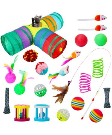 BWOGUE 22PCS Cat Toys Kitten Toys Set,Collapsible 3 Way Cat Tunnels for Indoor Cats,Interactive Cat Feather Toy Fluffy Mouse Tumbler Crinkle Balls Bells Spring Toys Set for Cat Kitty Puppy Rabbit