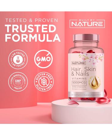 Hair Skin and Nails Vitamins 5000mcg Biotin with Vitamin C E Collagen Hyaluronic Acid Argan & Coconut Oil Luscious Hair Growth & Radiant Skin Supplement for Women 120 Softgels 120 Count (Pack of 1) - Buy Online on GoSupps.com