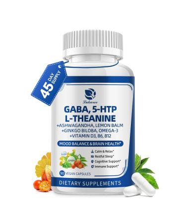 GABA Supplements 750mg with L Theanine 5HTP Ashwagandha Lemon Balm Ginkgo Biloba Omega-3 10 in 1 GABA Calm Capsules for Sleep Relaxation Focus Mood Support Cortisol Balance - 90CT 90 Count (Pack of 1)