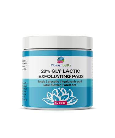 Planet Eden 20% Gly-Lactic Glycolic and Lactic Acid Skin Peel Exfoliating Pads - 60 Pads - DAILY USE - Hyaluronic Acid, Lotus Flower, White Tea