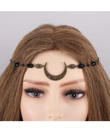 Aularso Vintage Head Chain Bronze Forehead Chain Crescent Moon Hair Chain Crystal Headpieces Jewelry Halloween Hair Accessories for Women and Girls (Black)