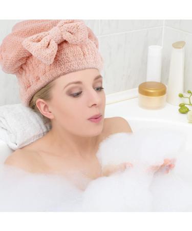 FRIUSATE Microfiber Hair Towel Cap 2 Pack - Soft Absorbent Hair Wrap for Women | Ideal for Curly Long & Thick Hair - Khaki & Pink Turban Shower Cap with Bow-Knot - Buy Online on GoSupps.com