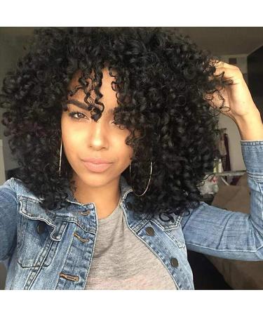 rosmile Curly Wigs for Black Women - Natural Black Synthetic African American Full Kinky Curly Afro Hair Wig with Bangs Natural Black 1B