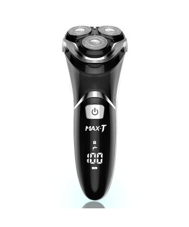 Men's Electric Shaver - MAX-T Corded and Cordless Rechargeable 3D Rotary Shaver Razor for Men with Pop-up Sideburn Trimmer Wet and Dry with Wall Adapter 100-240V Black